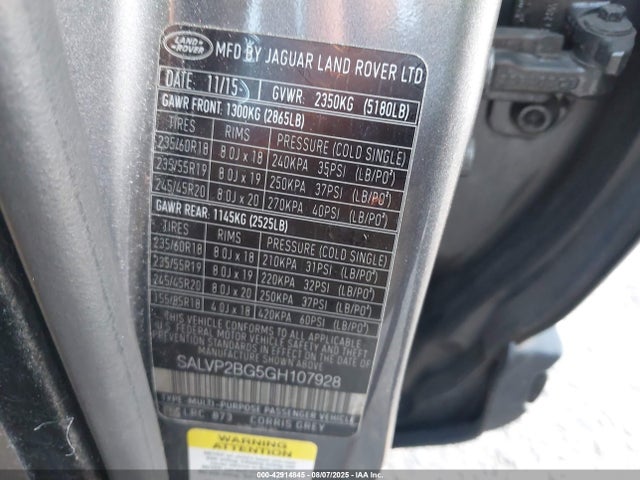 SALVP2BG5GH107928 Land Rover gtdi lev3 sulev30