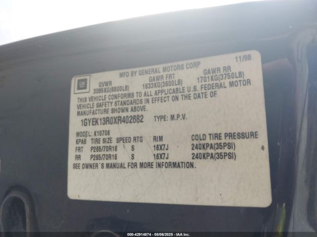 1999 CADILLAC ESCALADE 1GYEK13R0XR402682 Photo 8