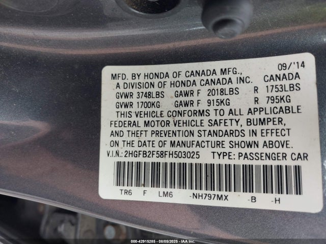 Honda r18z1 2015 2HGFB2F58FH503025 Image 9