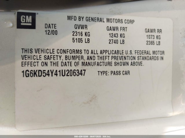 2001 CADILLAC DEVILLE 1G6KD54Y41U206347 Photo 8