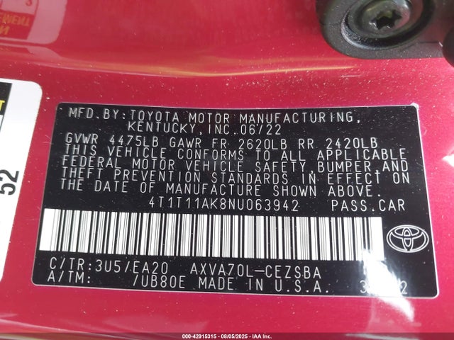 4T1T11AK8NU063942 Toyota a25a-fks