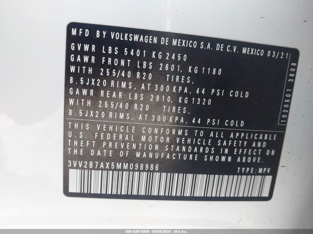 Volkswagen Tiguan 2021 3VV2B7AX5MM098986 Image 9