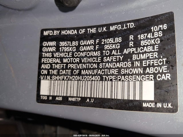 SHHFK7H20HU205400 Honda l15ba