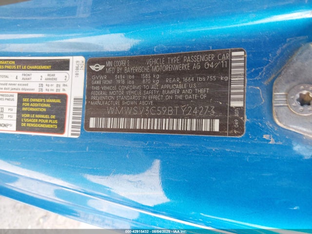 2011 MINI COOPER S WMWSV3C59BTY24273 Photo 8