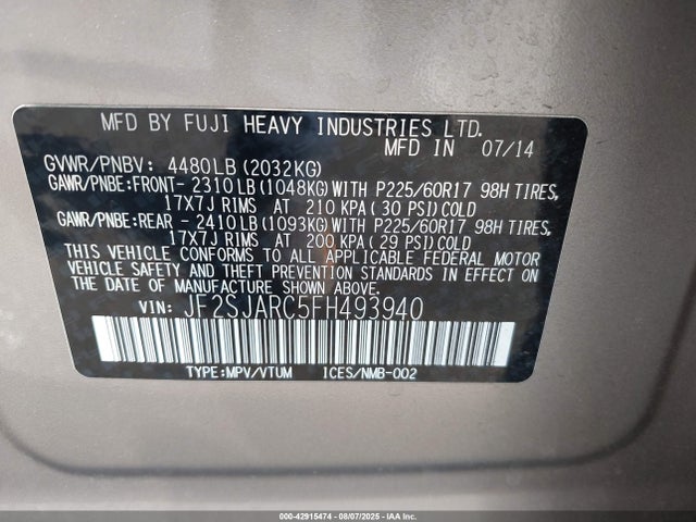 Subaru 2.5na u5 2015 JF2SJARC5FH493940 Image 9