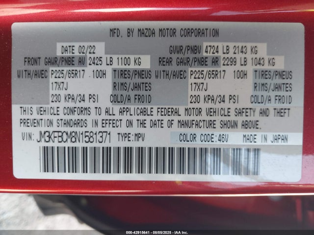 Aukcja sprzedaży 2022 Mazda Cx-5 2.5 S Preferred, vin: JM3KFBCM8N1581371, numer aukcji: 42915641