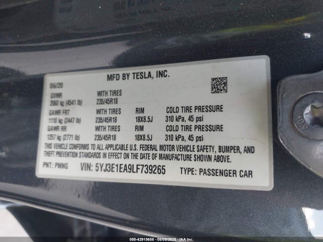 2020 TESLA MODEL 3 5YJ3E1EA9LF739265 Photo 8