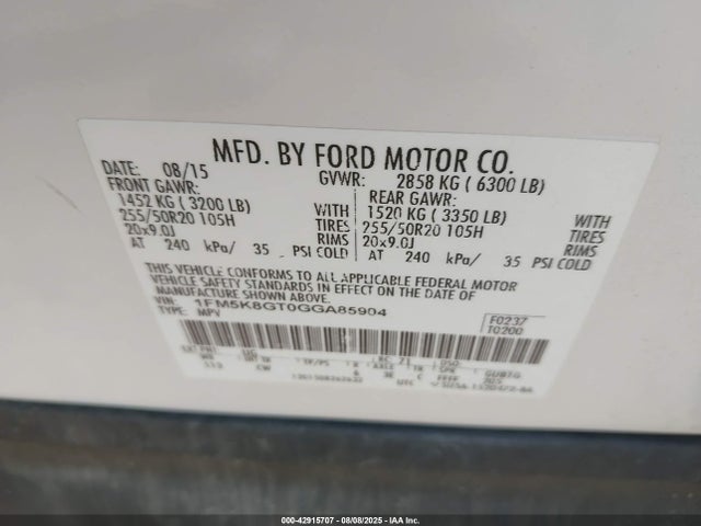 1FM5K8GT0GGA85904 Ford 2016