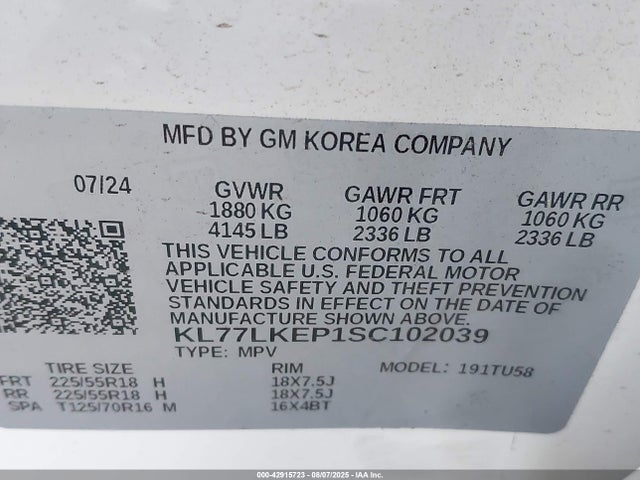 KL77LKEP1SC102039 Chevrolet lbp