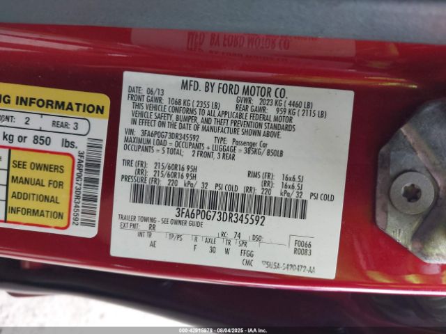 2013 FORD FUSION 3FA6P0G73DR345592 Photo 8