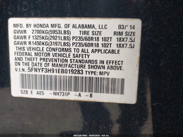 Honda j35z4 2014 5FNYF3H91EB019283 Image 9