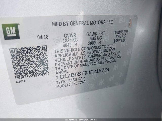 1G1ZB5ST9JF216734 Chevrolet lfv - direct injection, variable valve timing, gen 1