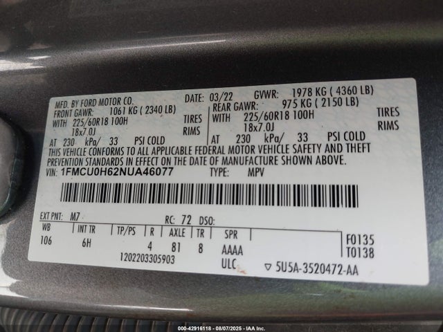 1FMCU0H62NUA46077 Ford dragon di tc