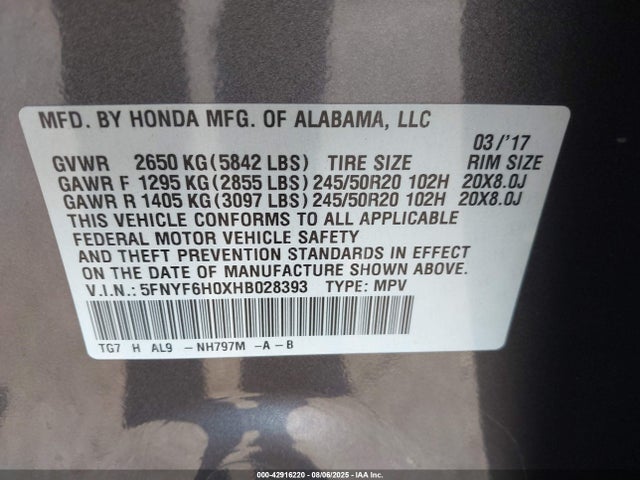 5FNYF6H0XHB028393 Honda j35y6