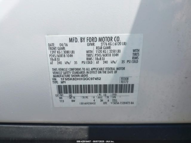 2016 FORD EXPLORER 1FM5K8DHXGGC97452 Photo 8