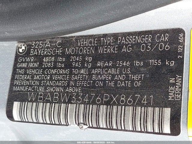 2006 Bmw 325ci მანქანა იყიდება აუქციონზე, vin: WBABW33476PX86741, აუქციონის ნომერი: 42916446