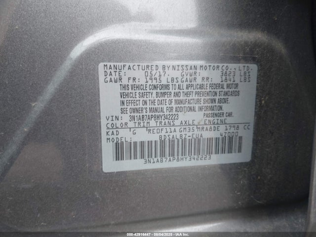 Aukcja sprzedaży 2017 Nissan Sentra S, vin: 3N1AB7AP8HY342223, numer aukcji: 42916447