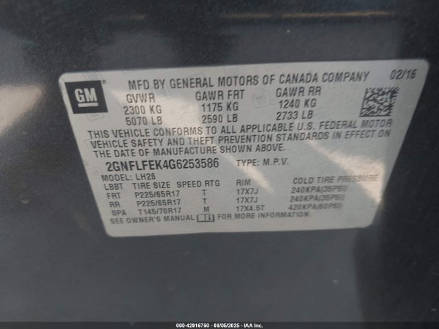 Chevrolet lea - e85 max, aluminum 2016 2GNFLFEK4G6253586 Image 9