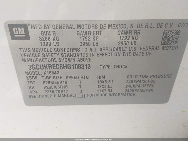 3GCUKREC8HG108313 Chevrolet l83 - sidi: spark ignited direct injection, vvt: variable valve timing, afm, e85 max, alum
