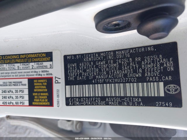 Toyota 2ar-fe 2017 4T1BF1FK2HU327702 Image 9