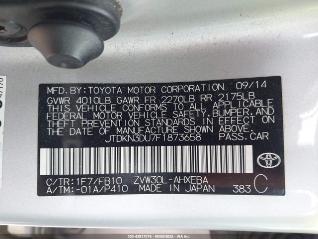 Toyota 2zr-fxe+3jm 2015 JTDKN3DU7F1873658 Image 9