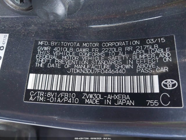Toyota 2zr-fxe+3jm 2015 JTDKN3DU7F0446440 Image 9