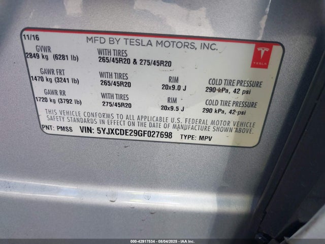 2016 TESLA MODEL X 5YJXCDE29GF027698 Photo 8