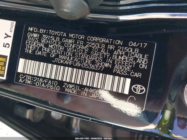 JTDKARFU8H3538377 Toyota 2zr-fxe,1nm