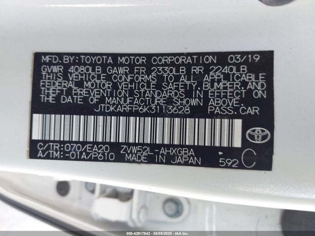 Toyota 2zr-fxe+1nm 2019 JTDKARFP6K3113628 Image 9