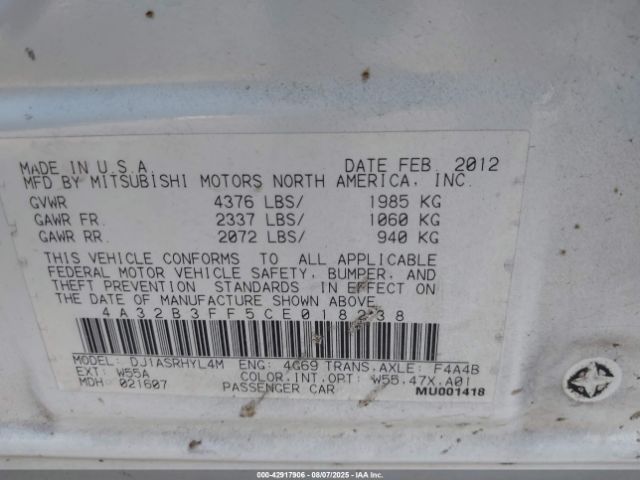 2012 MITSUBISHI GALANT 4A32B3FF5CE018238 Photo 8