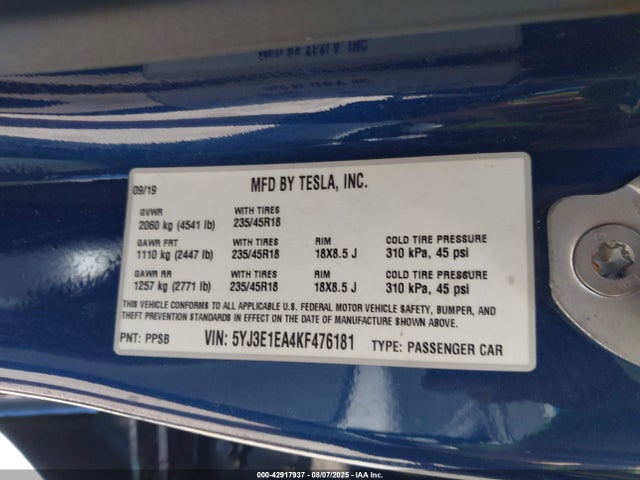 2019 TESLA MODEL 3 5YJ3E1EA4KF476181 Photo 8