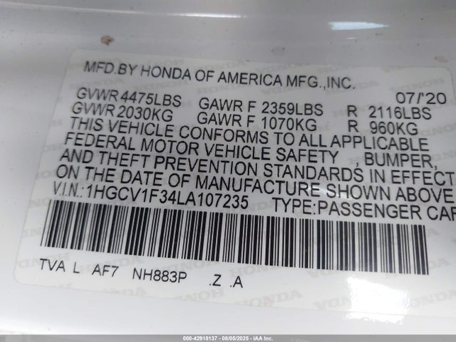 Honda l15be 2020 1HGCV1F34LA107235 Image 9