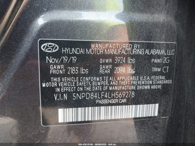 5NPD84LF4LH569278 Hyundai mpi nu