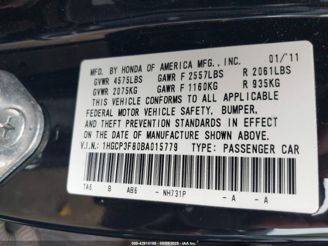 Aukcja sprzedaży 2011 Honda Accord 3.5 Ex-l, vin: 1HGCP3F80BA015779, numer aukcji: 42918188