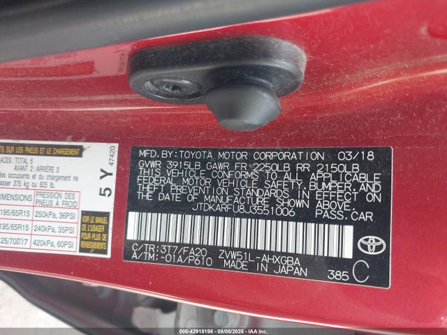 Toyota 2zr-fxe,1nm 2018 JTDKARFU8J3551006 Image 9
