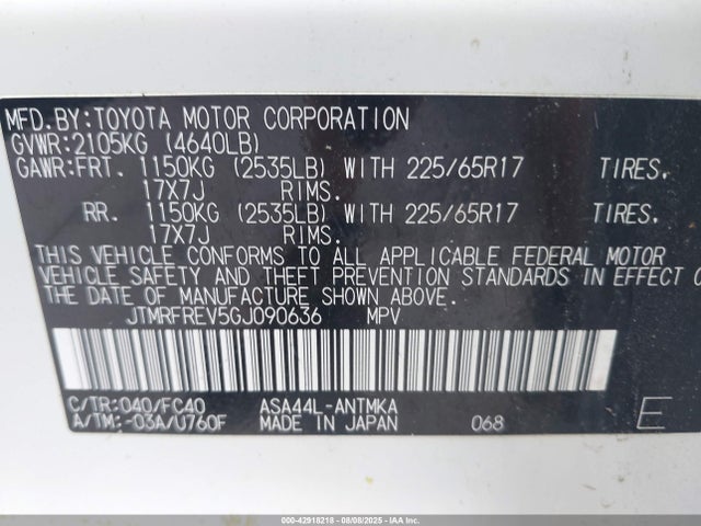 Toyota 2ar-fe 2016 JTMRFREV5GJ090636 Image 9