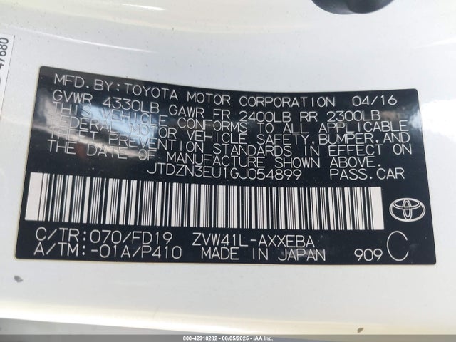JTDZN3EU1GJ054899 Toyota 2zr-fxe, 5jm
