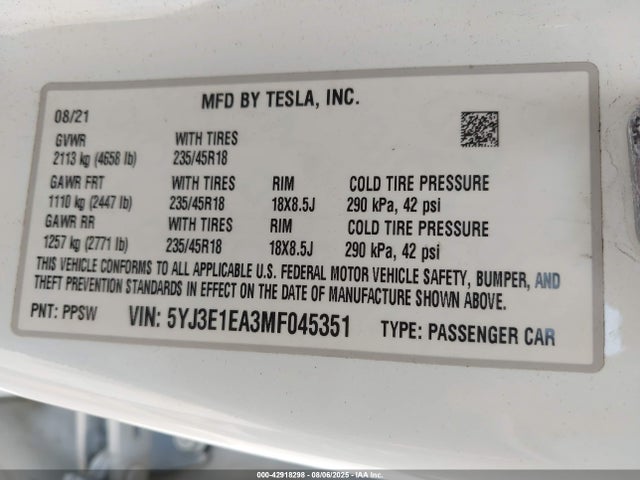 2021 TESLA MODEL 3 5YJ3E1EA3MF045351 Photo 8