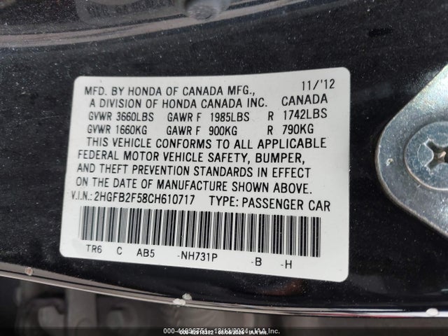 2012 HONDA CIVIC SDN 2HGFB2F58CH610717 Photo 8
