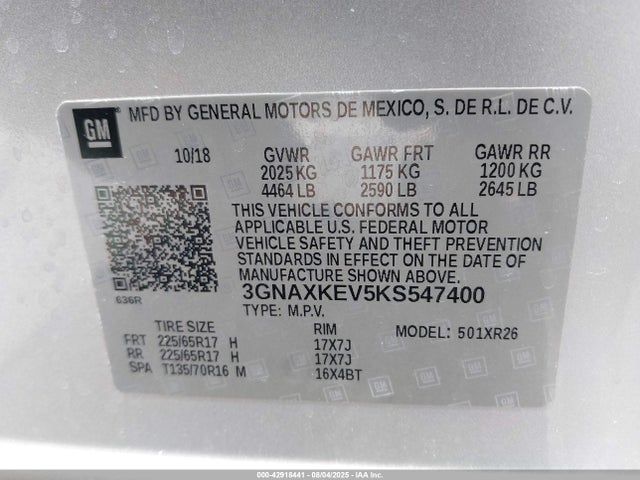 3GNAXKEV5KS547400 Chevrolet lyx - direct injection, vvt, fgt, turbo, alum, gen1
