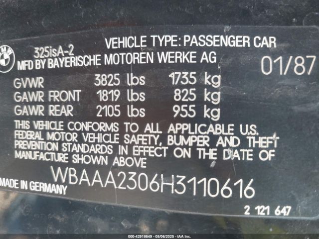 1987 BMW 325 WBAAA2306H3110616 Photo 8