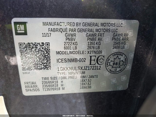 1GKKNULSXJZ172312 GMC lgx - direct injection, variable valve timing, alum, gen 2