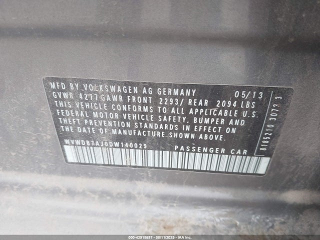 2013 Volkswagen Golf 2.5l 4-door მანქანა იყიდება აუქციონზე, vin: WVWDB7AJ0DW140029, აუქციონის ნომერი: 42918697
