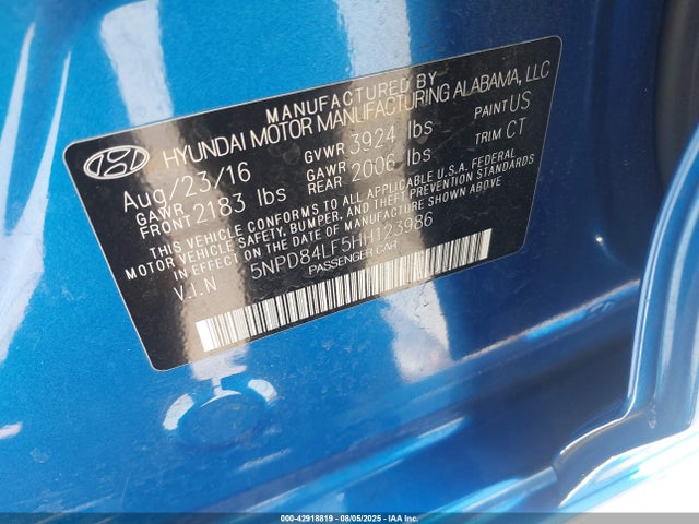 5NPD84LF5HH123986 Hyundai 2017