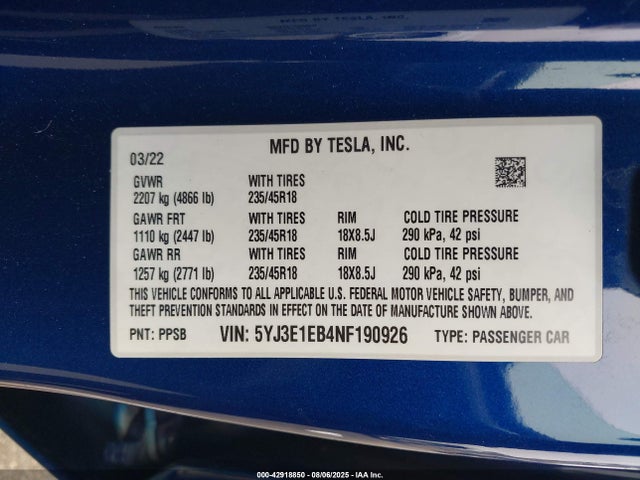 2022 TESLA MODEL 3 5YJ3E1EB4NF190926 Photo 8