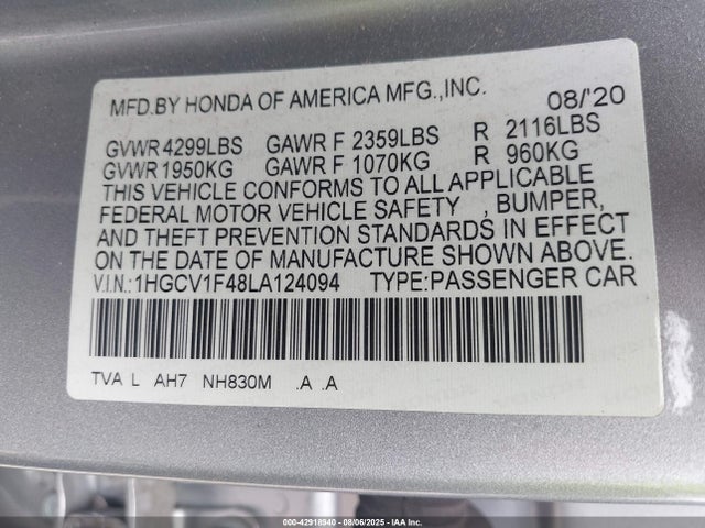 1HGCV1F48LA124094 Honda l15be