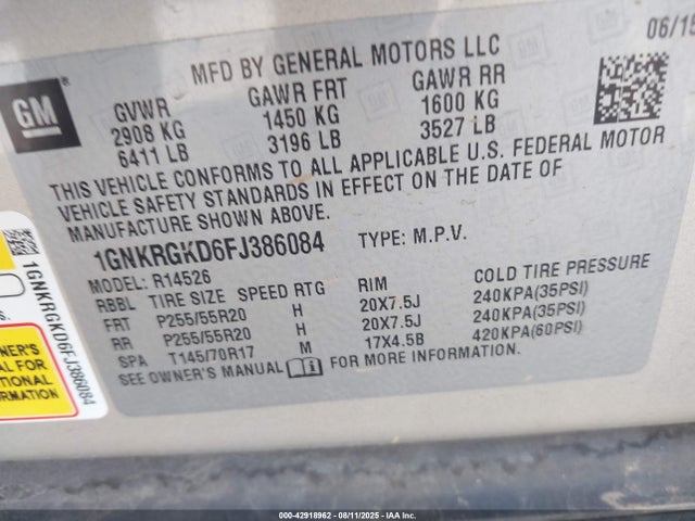 Chevrolet llt 2015 1GNKRGKD6FJ386084 Image 9