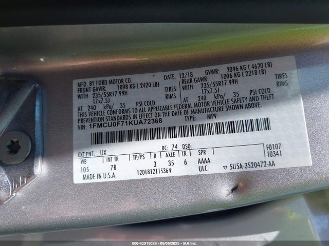 Ford 2.5l i-vct 2019 1FMCU0F71KUA72368 Image 9