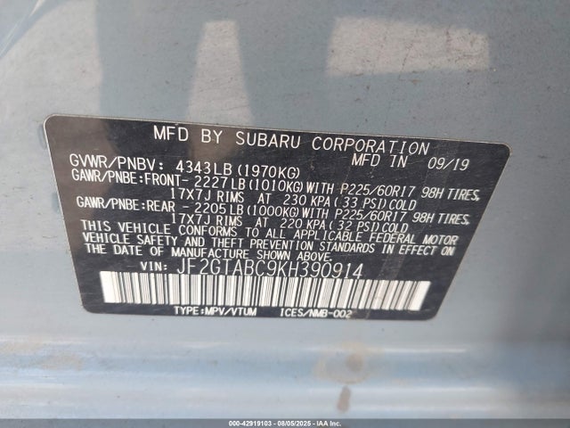Subaru naturally aspirated 2019 JF2GTABC9KH390914 Image 9