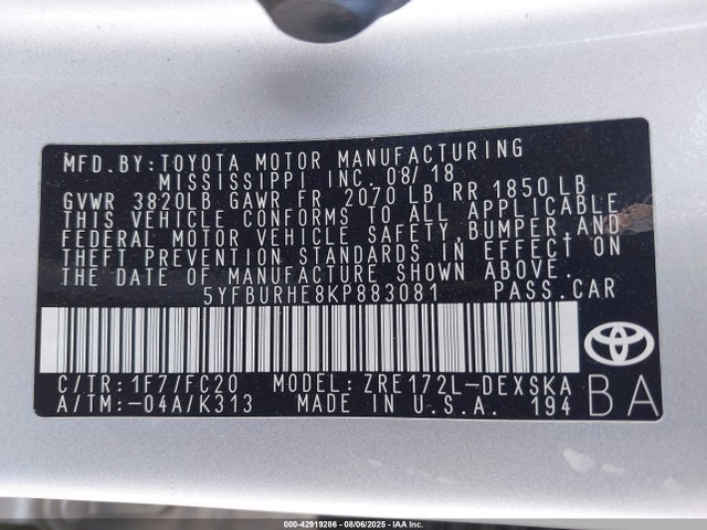 5YFBURHE8KP883081 Toyota 2zr-fe